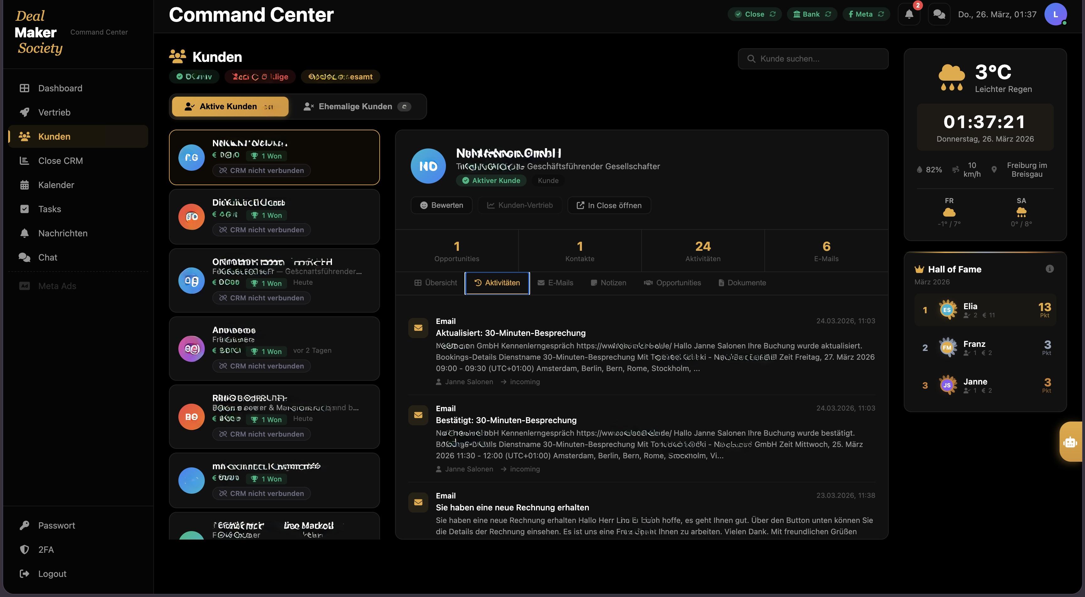 Dealmaker Command Center — Kundenübersicht